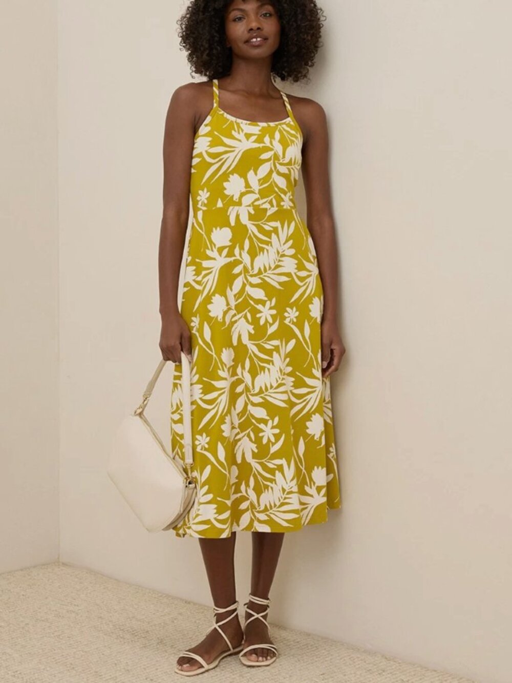 Pact Organic Fit & Flare Midi Dress Tropical Palms Chartreuse XS